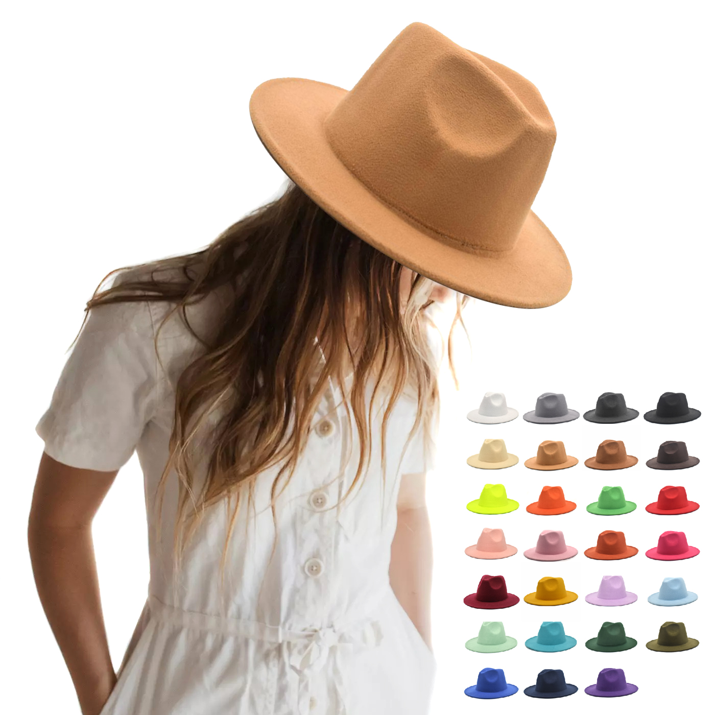 Women Felt Fedora Hat Wide Brim Panama Hat with Belt Buckle Trilby Felt Panama Hat