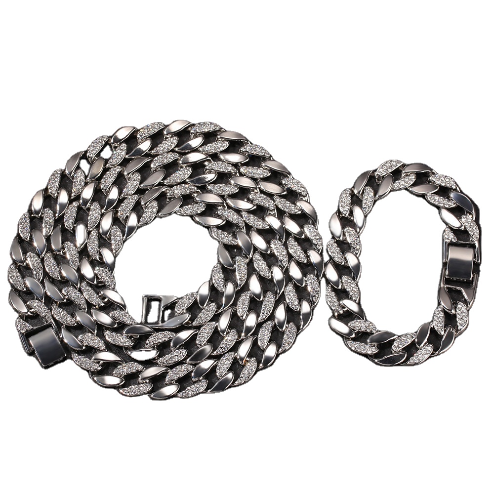 2021 new arrival punk style fashion jewelry Classic Men's Diamond Cuban Chain Alloy Half Diamond Hip Hop Necklace braclet Set