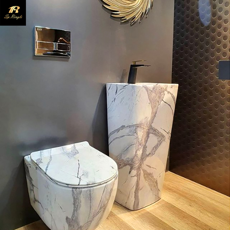 European style simple flush luxury bathroom pedestal basin wall-mounted marble toilet sets