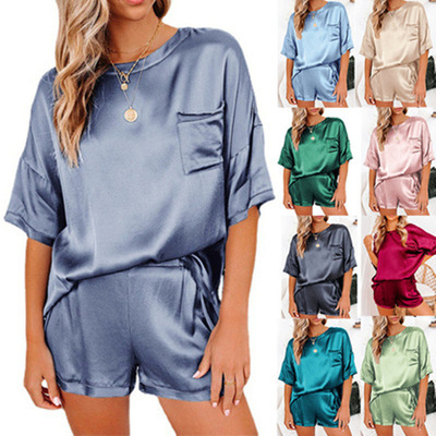 European and American Spring Solid Color Silk Pajamas Home Custom Logo Women Short-sleeved Shorts Irregular Two-piece Pijamas