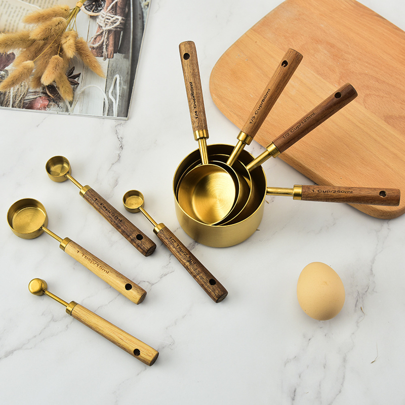 Gold 8 PiecesStainless Steel Measuring Cups and Spoons with Acacia Wood Handle for Dry and Liquid Ingredients