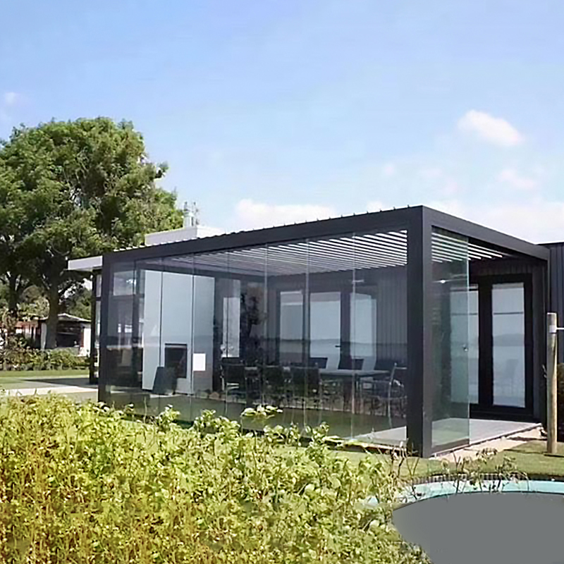 SUNC RGB Light Modern Bioclimatic Pergola Gazebo with Blinds Glass Door Outdoor Waterproof Motorized Louvered Aluminum Pergola
