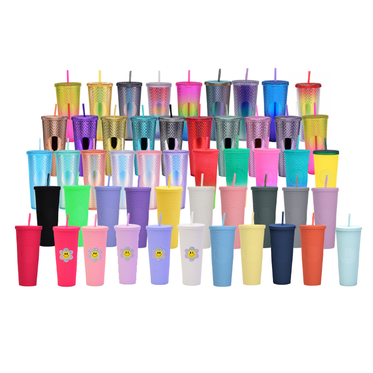 Hot sale multi color double wall plastic 24oz 710ml studded tumbler with lid and straw