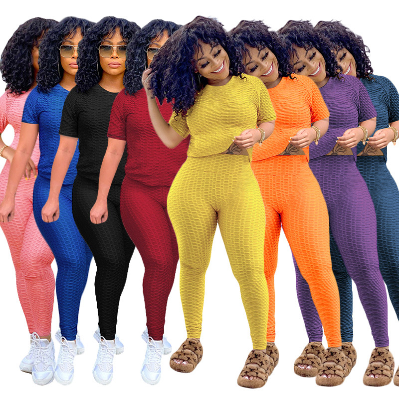2021 new Workout Clothing Womens Solid color cardigan bubble short sleeve sport two piece pants set yoga jogging suit