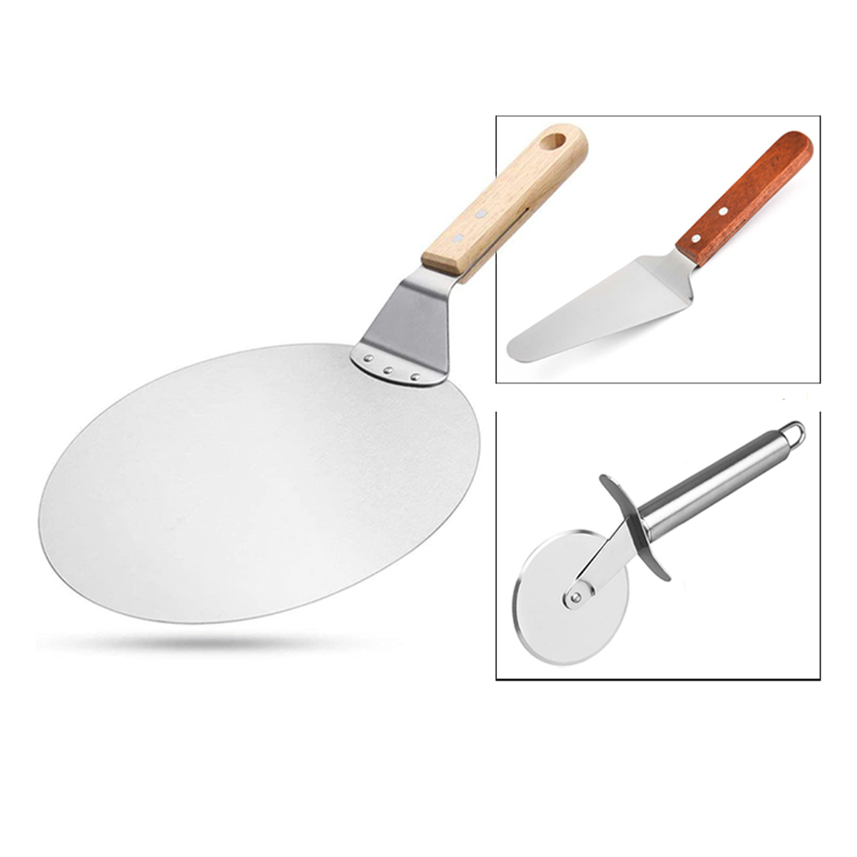 Homeplay Baking Tool Wooden Handle Pizza Shovel Stainless Steel Wheel Knife Cake Safety Transfer Device Three Piece