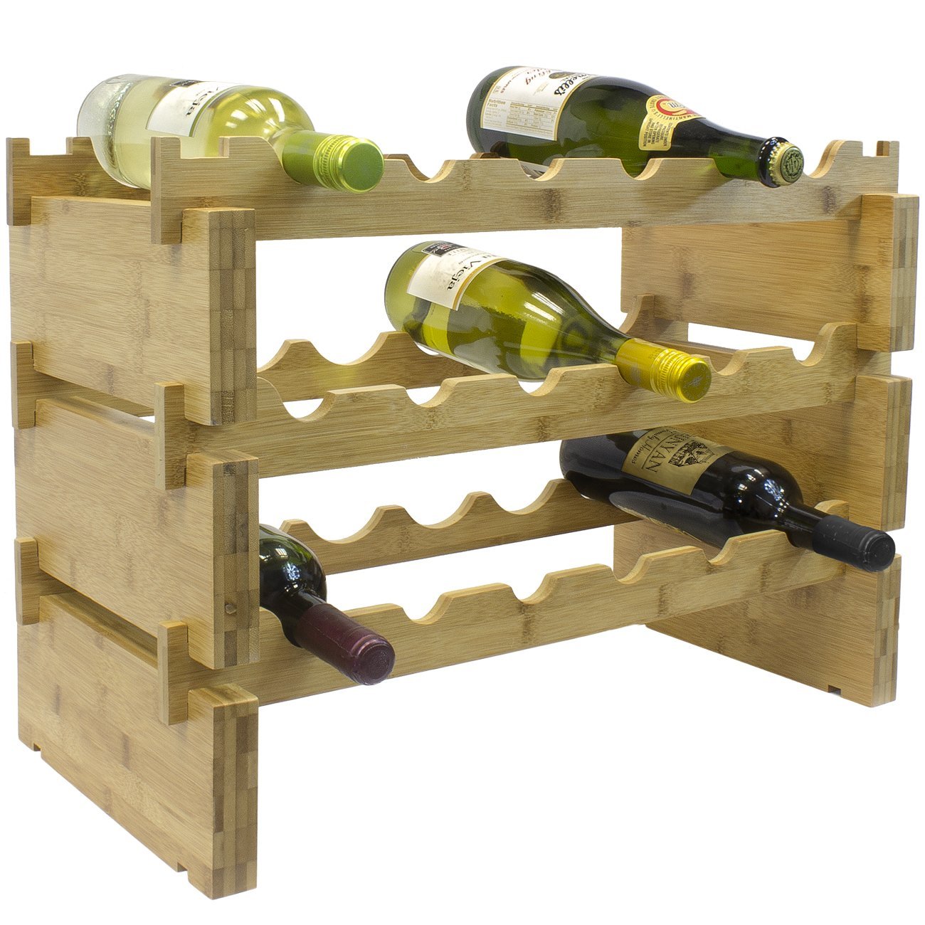 3-Tier Stackable Bamboo Wine Rack 18 Bottles Wine Storage Holders Free Standing Floor Organizer Shelves