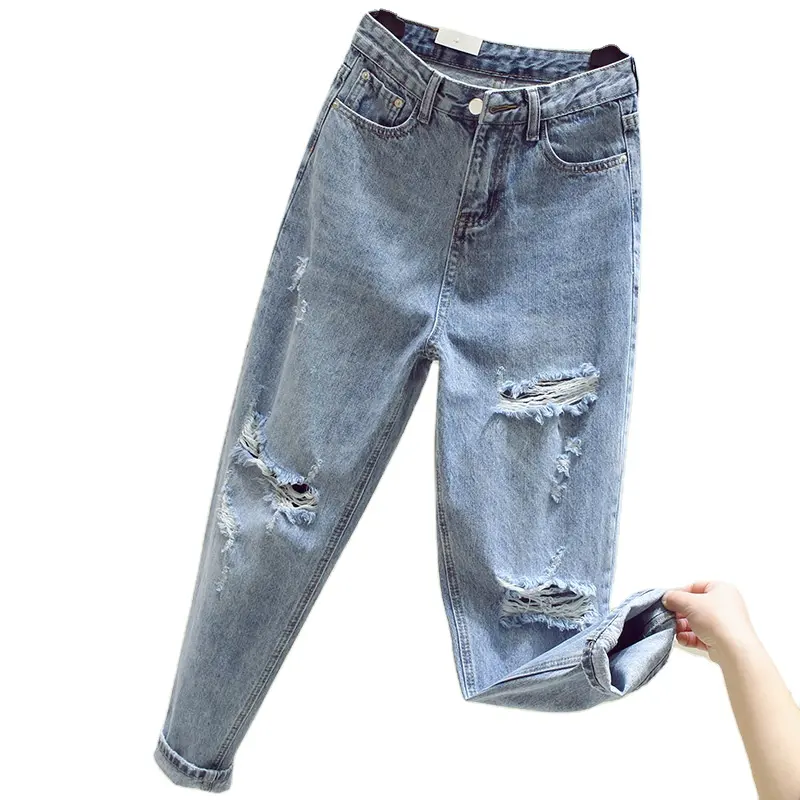Female Spring And Summer High Waist Hole Jeans Loose Ins Straight Harlan Pants Fashion Casual Carrot Nine-Point Pants XQM