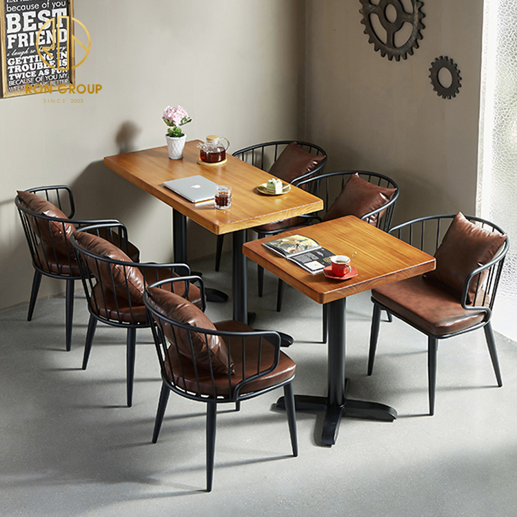 Custom square oak fast food Coffee Shop Commercial Furniture Solid metal cafe Wood wooden Restaurant table and chairs Set