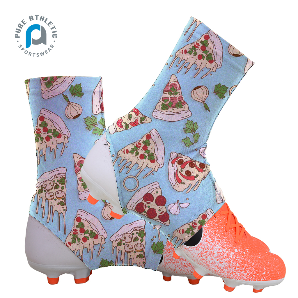 PURE new design cartoon pizza sublimation print soccer wear spat custom football shoe spat