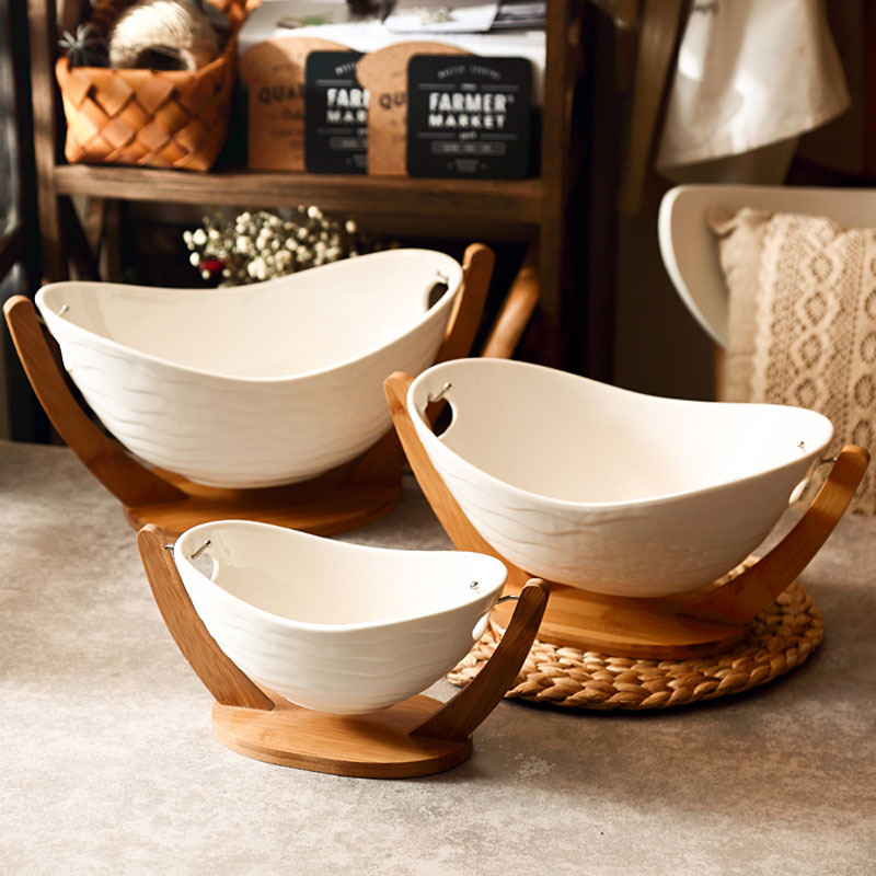 Cross-border bamboo tray home restaurant fruit basket set salad bowl large, medium and small ingot shape ceramic fruit bowl