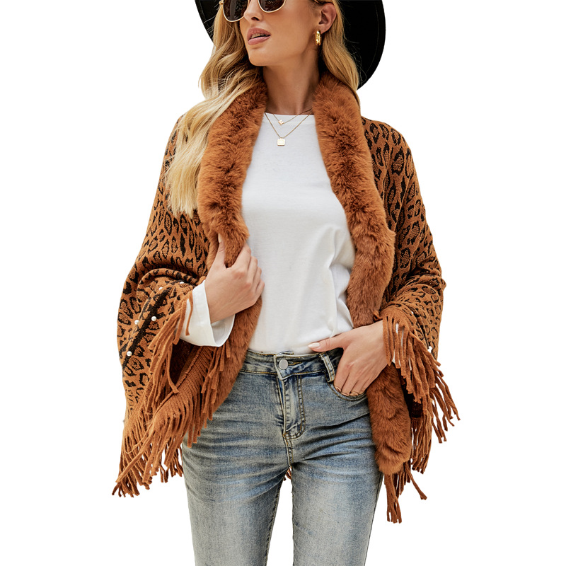 Autumn and winter 2021 new leopard print Fur collar loose coat tassel hem warm knitted scarf female shawl