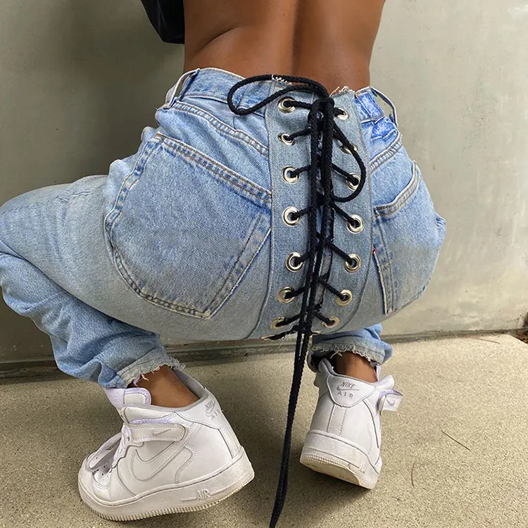 All-match Creative Back Contrast Eyelet Fashion Lace Up Jeans 2020 Slim Fit Denim Jeans Pants Women