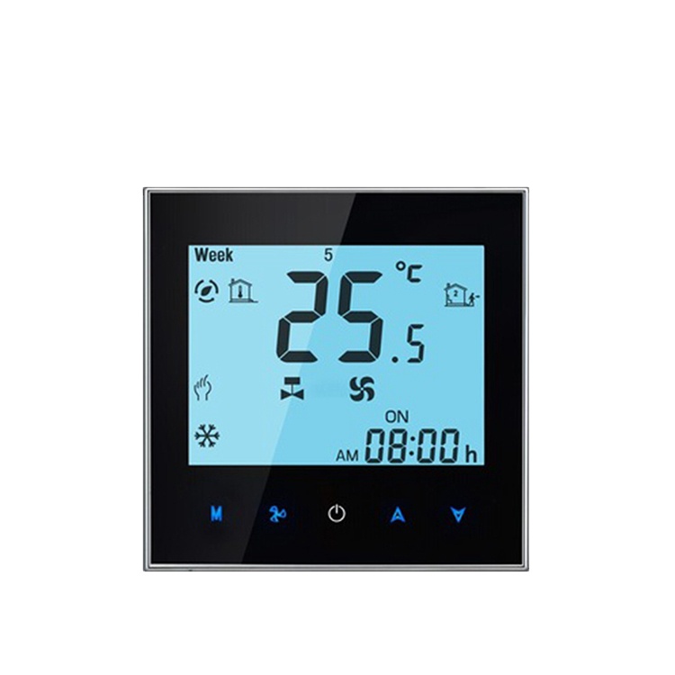 Indoor touch screen electric fan coil heating and cooling thermostat controller