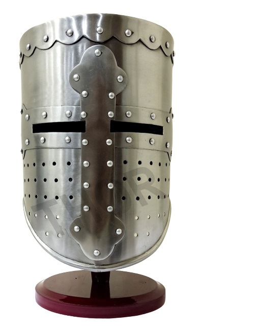 Средневековый Templar Crusader Knight Armor Helmet | Греческий Римский шлем с хромированной отделкой, средневековая коричневая деревянная подставка