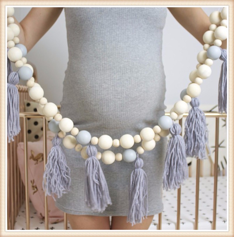 INS Nordic style Macaroon wood beads hanging with tassel decorative Bed hanging Children room Child clothing store decoration