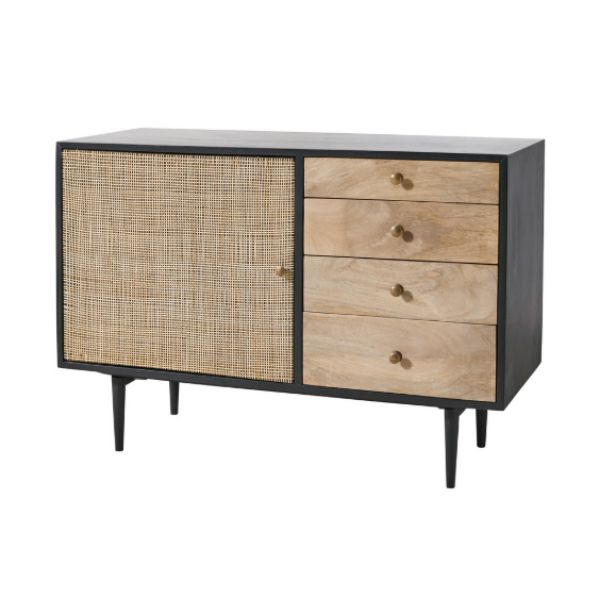 Unique Designer Indian Style Rattan Modern Mango Wood Canvas Furniture 1 Door & 4 Drawer Sideboard Cabinet By Best Manufacture