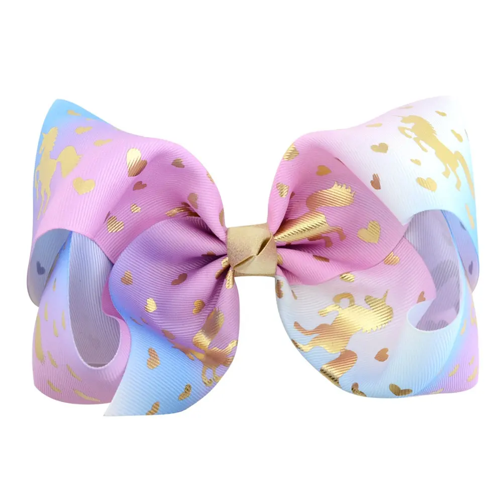 8 inches hair bow gold foil printed ribbon hair bow with clip