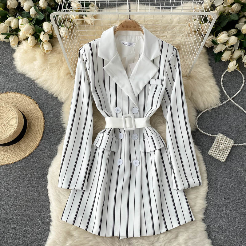 2021 Autumn New Arrival Goddess Style Fitted Suit Dress Lady's High Waist Striped Tailored Collar Dress OL Mini Shirt Dress