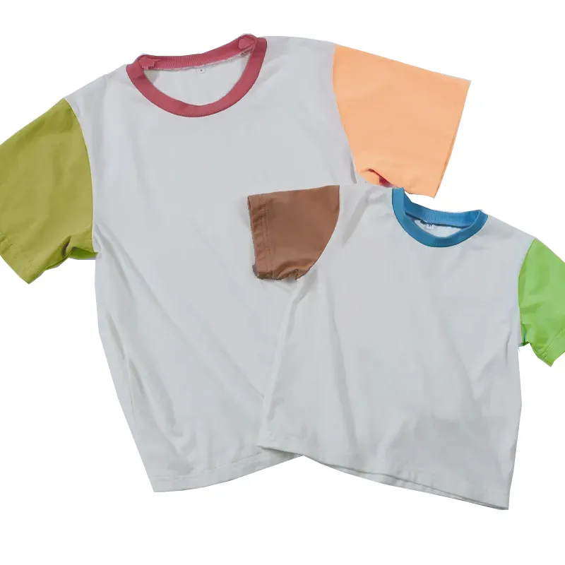 Color Blocks Cotton Unisex Kids Tee Shirts Crew Neck Baby Basic Shirts