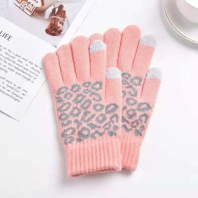 Outdoor Winter Warm Gloves Two Fingers Screen Touch Leopard Block Thicken Faux Wool Knitted Gloves
