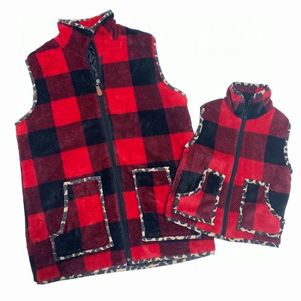 2020 осень Buffalo Plaid подстежка на искусственном меху, без рукавов, с леопардовой отстрочкой; Костюмы «Мама и я», «Семья подстежка на искусственном меху; Флисовое платье-жилет