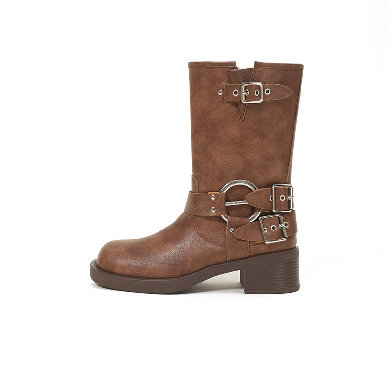 New Western Cowboy Boot PU Leather Cowgirls Square Toe Low Block Chunky Heel Short Boots for Women