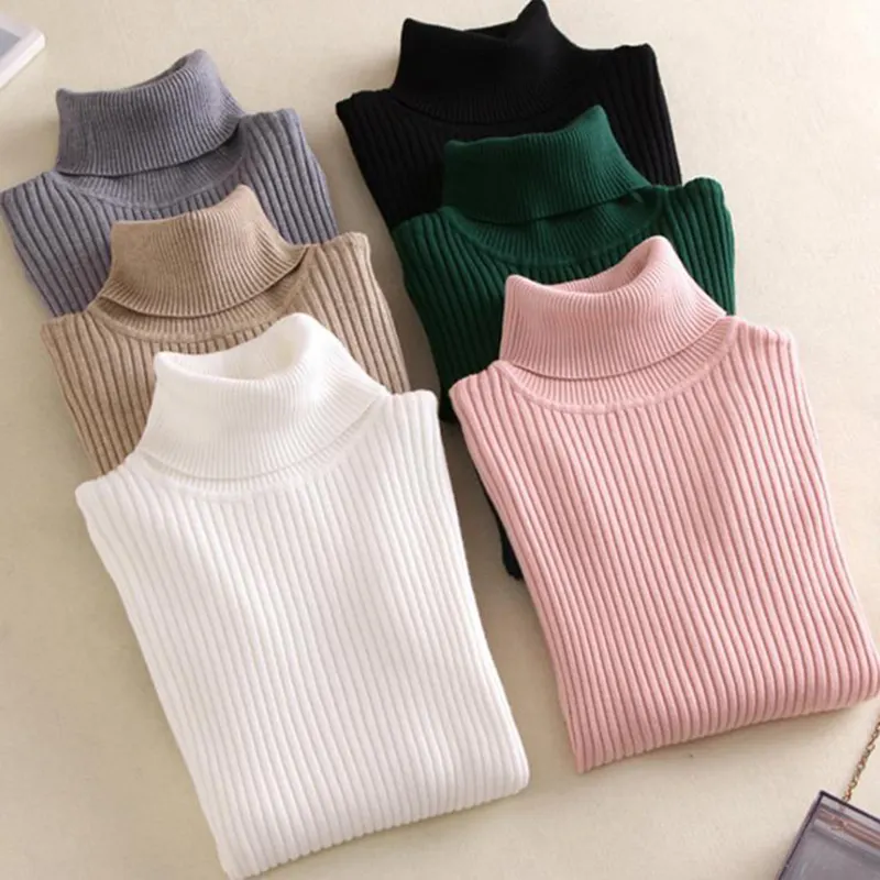 CUHAKCI Fall Winter High Neck Cotton Sweater New Female Slim Fit Pullover Solid Color Knitted Sweater Women Sweaters Turtleneck