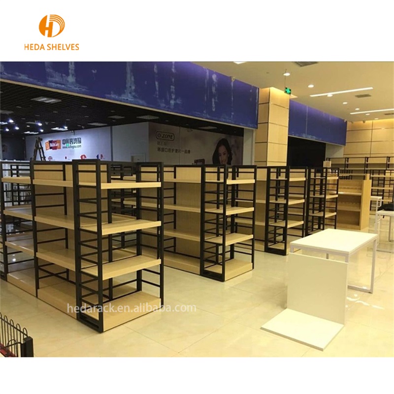 Деревянные стеллажи HEDA для розничного магазина, HDF, дисплей для супермаркета, металлическая полка и продуктовые деревянные полки