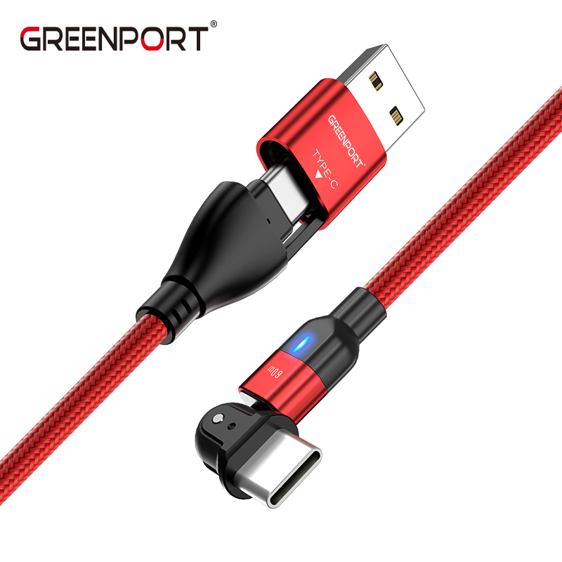 Durable 2 in 1 USB A to USB C cable nylon braided right angle type c charger data cable PD 60W fast charger adapter