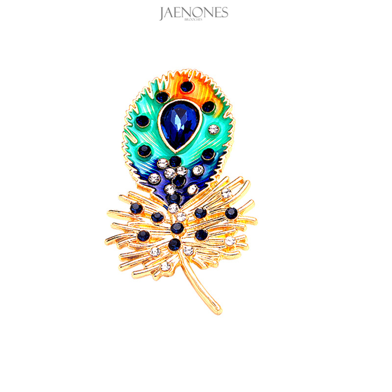 JAENONES Brand Fashion Custom Alloy Rhinestone Crystal Enamel Small Brooch Peacock Feather Brooch For Women