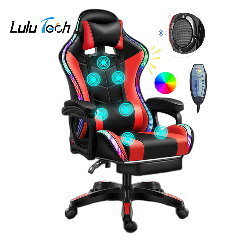 Оптовая продажа, эргономичный массажный RGB LED гоночный PU кожаный компьютерный офисный игровой стул Sillas Gamer с подсветкой и динамиками