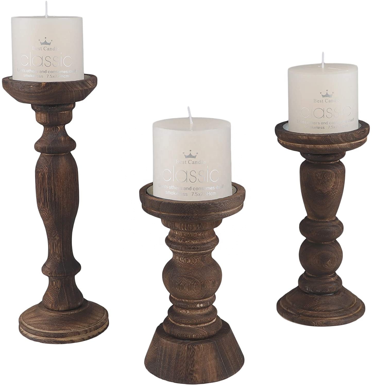 Farmhouse Candle Holders (Wooden | Set of 3) for Pillar Candles Lightly Distressed Wood for Traditional, Rustic, Vintage