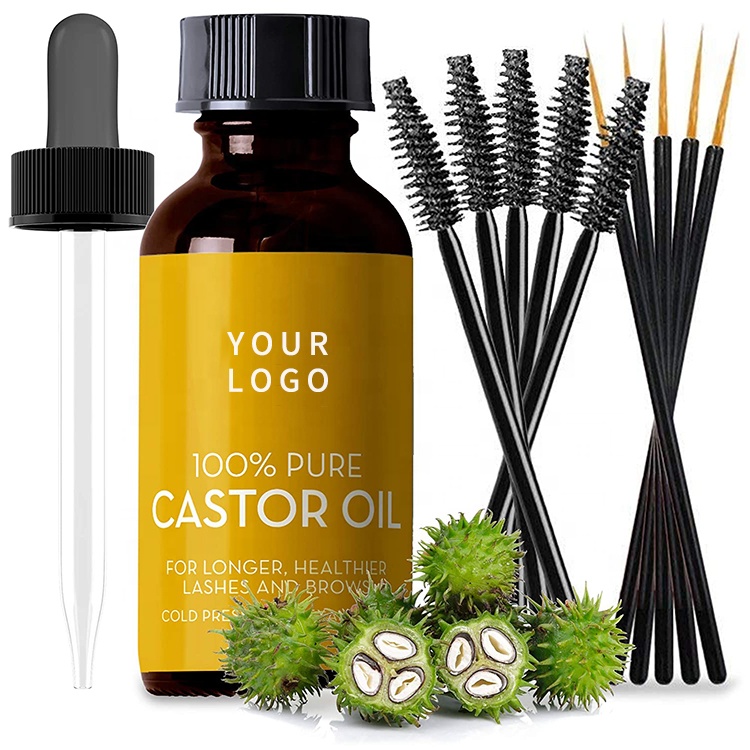 Grow Eye Lashes Eye Brows Organic Castor Oil 100% Pure Hexane Free For Hair Skin Nails Care With Applicator Wand and Brush Kit