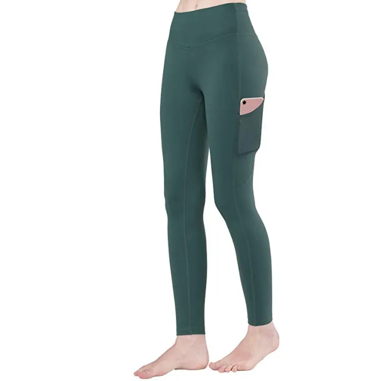 Women's high waist yoga pants abdomen and hips solid color yoga pants stitching mobile phone stretch running yoga pants