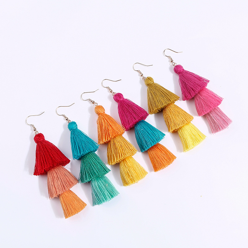 2021 Spring/Summer New Bohemian Tassel Cotton Thread Three Strings Handmade DIY Braided Ear Hooks