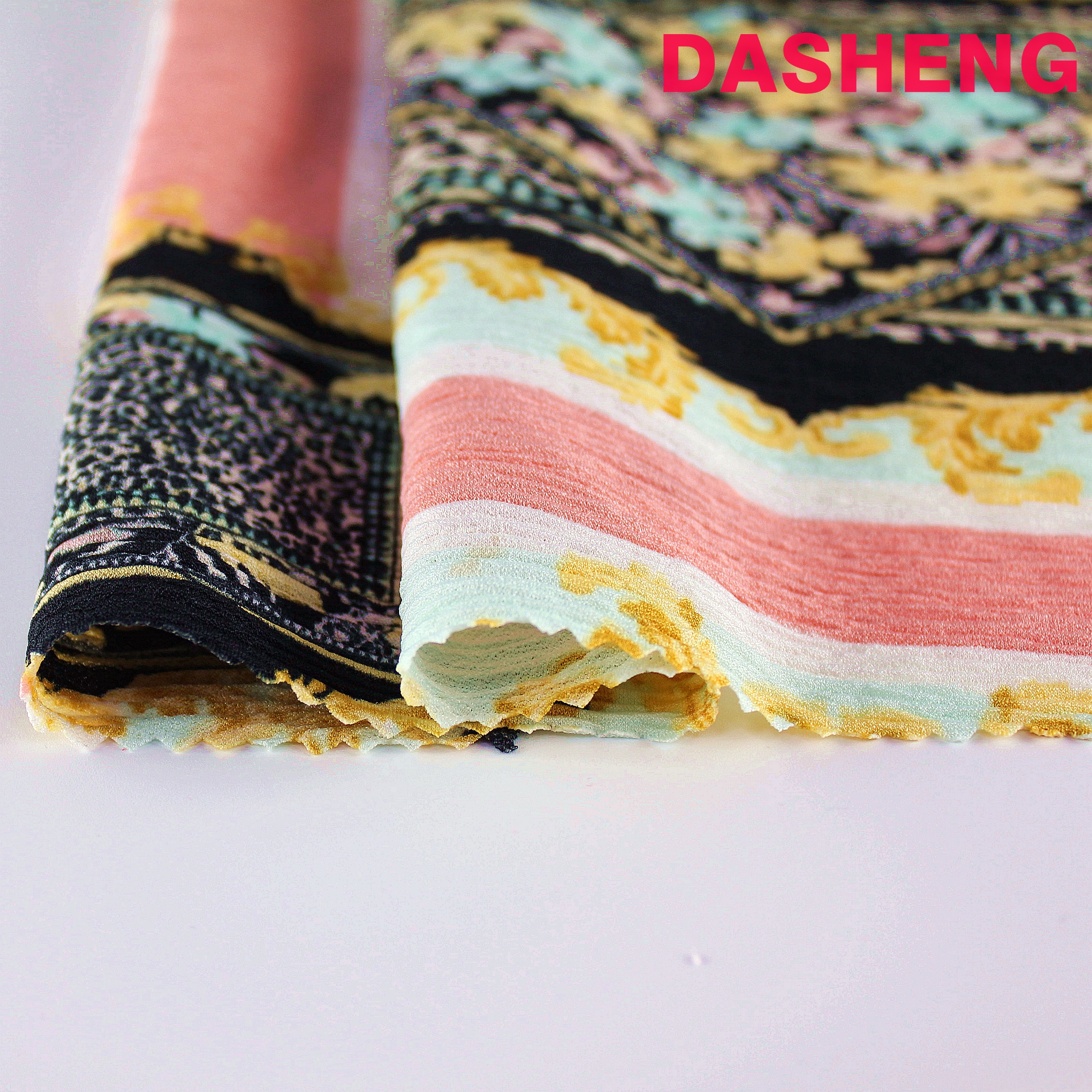 Hot Selling Fashionable knitted printing twisted polyester crepe Jersey with plated for clothing tops/pants/dresses