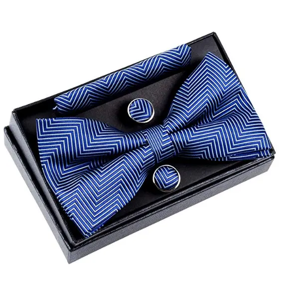Herringbone Stripe Woven Pre-tied Bow Tie (5") w/Pocket Square & Cufflinks Gift Set