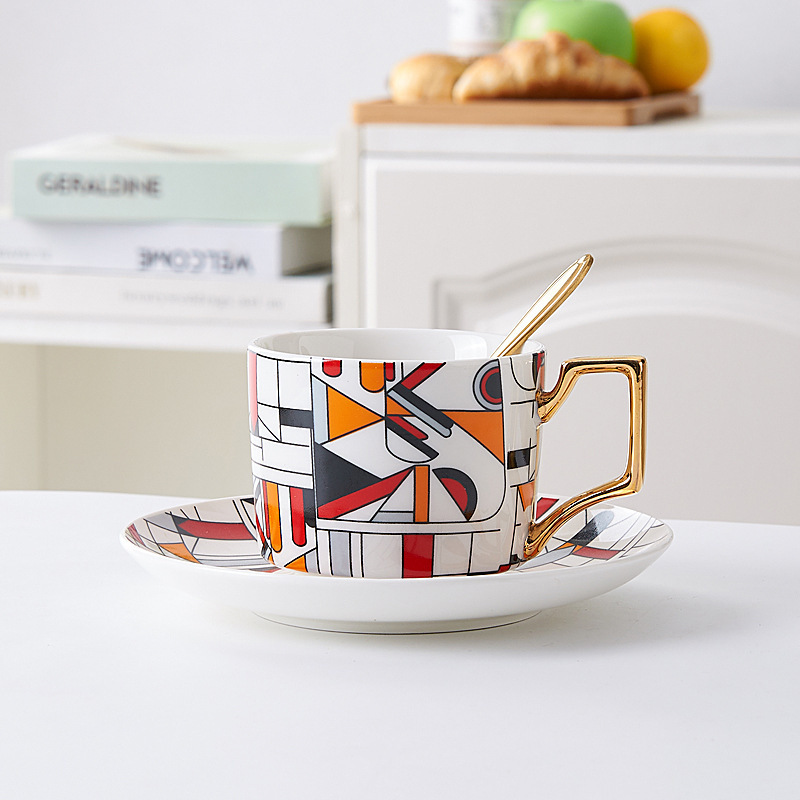 European Tea Set Cup Sacuer Geometric Abstract Artistic Design Ceramic Coffee Cup Set with Golden Rim