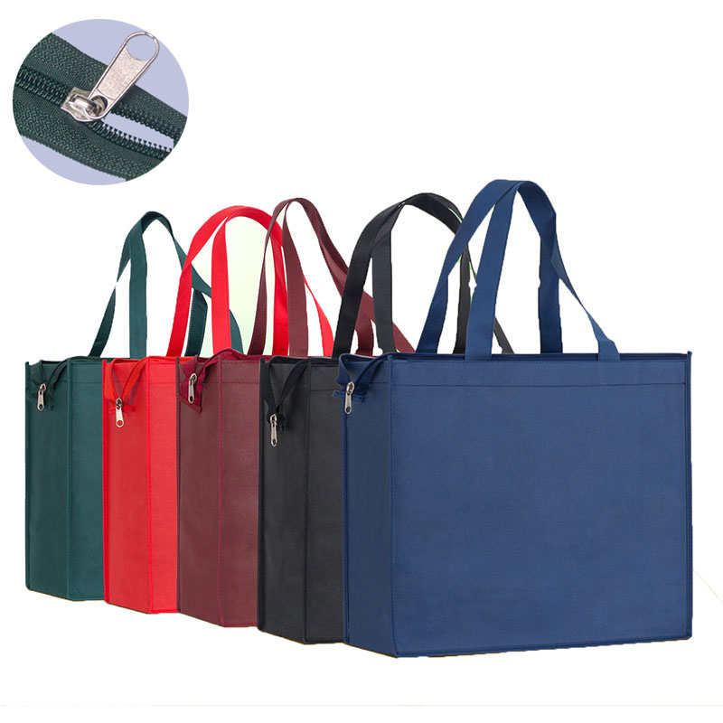Wholesale waterproof cheap custom printed reusable green foldable stock non woven handle shopping bag zipper
