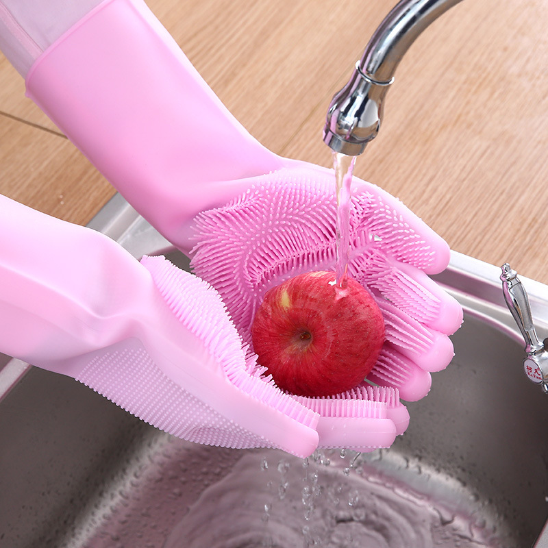 Heat Resistant Household Silicone Kitchen Hand Dish Washing Gloves with Wash Scrubber