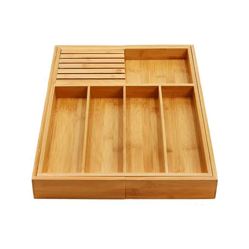 Bamboo Cutlery Tray Organiser, Expandable Kitchen Drawer Organiser with Divider/ Utensil Storage and Removable Knife Block