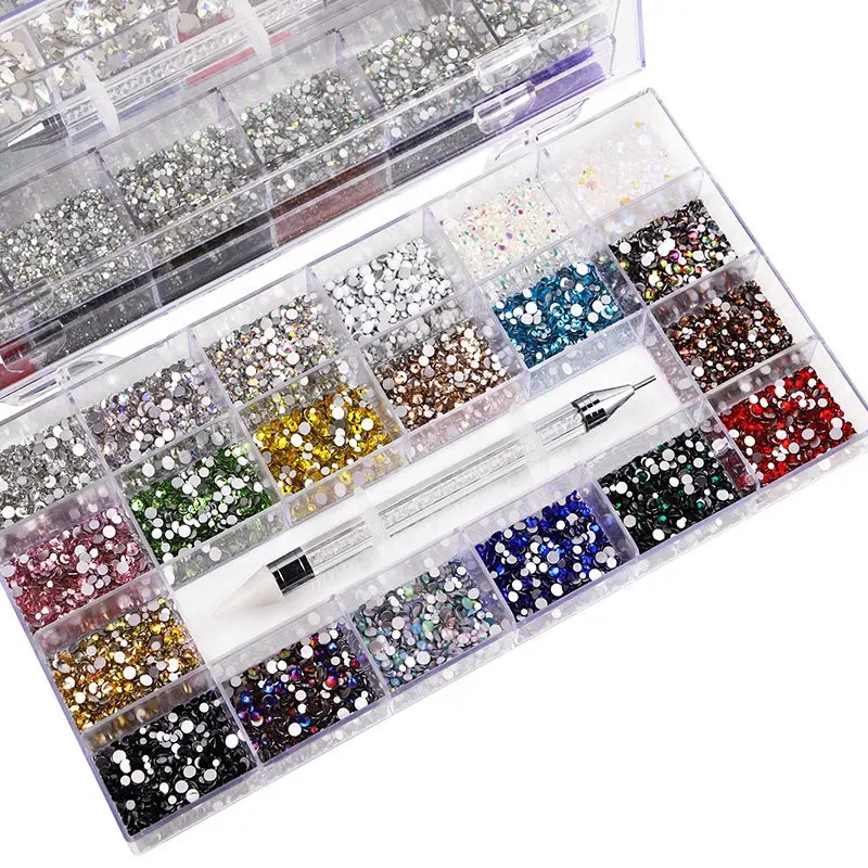 1000pcs Shiny Crystal AB Glass Flatback Rhinestones 21 Grid Boxed Nail Rhinestones Mixed Colorful Nail Decoration Set