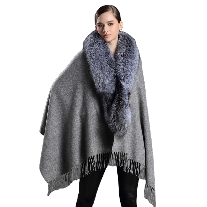 Ponchos Women Real Fur Scarves Wool Shawls With Tassel Fox Fur Trimmed Cachecol Elegant Luxury Female Pashmina Shawl
