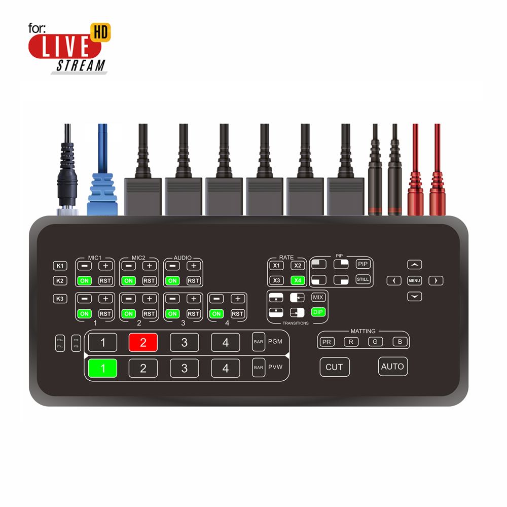4CH HDMI прямые трансляции видео коммутатор видео микшер 1080p для трансляции переключатель потоковое видео в реальном времени управление Поддержка 2 вход для микрофона