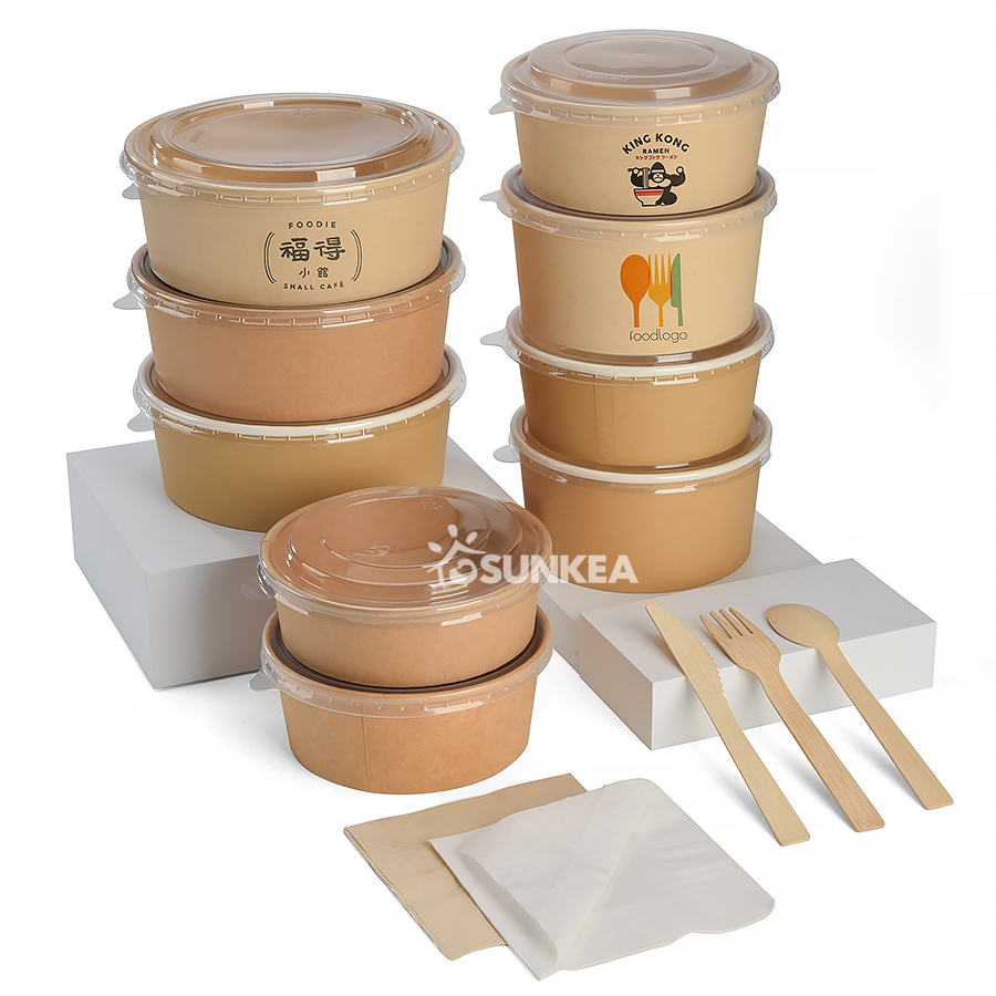 Disposable Food Grade Cardboard 32oz Kraft Paper Salad Fast food Bowl For Hot/Cold food WITH LID