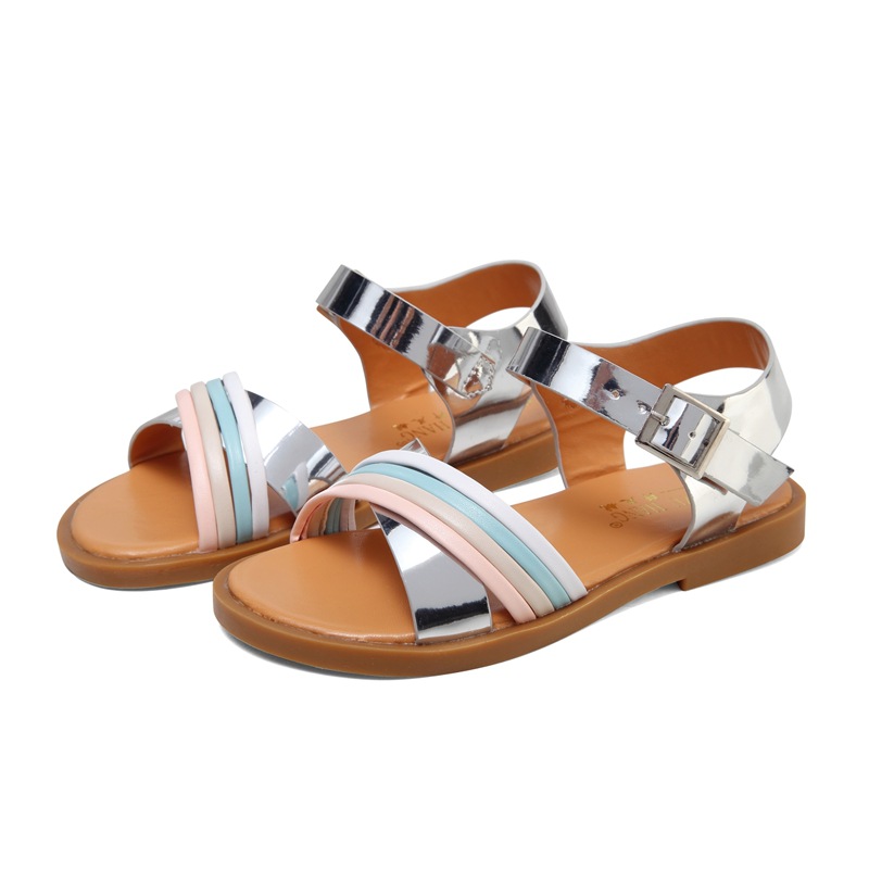 Round head sandals soft sole color impact children's leisure beach shoes mirror super fiber girls' clasp gold silver sandals