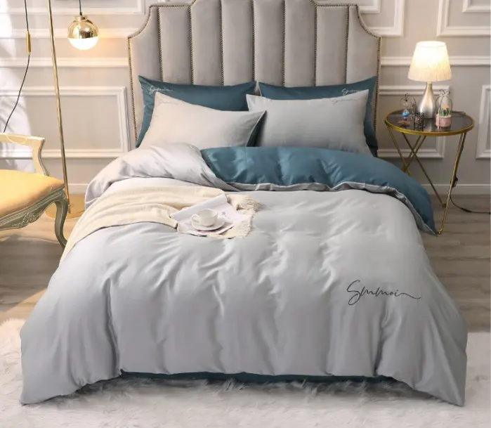 Pure Color Embroidery High Quality 60 Tribute Satin Cotton Bed Sheet Of 4 Pieces
