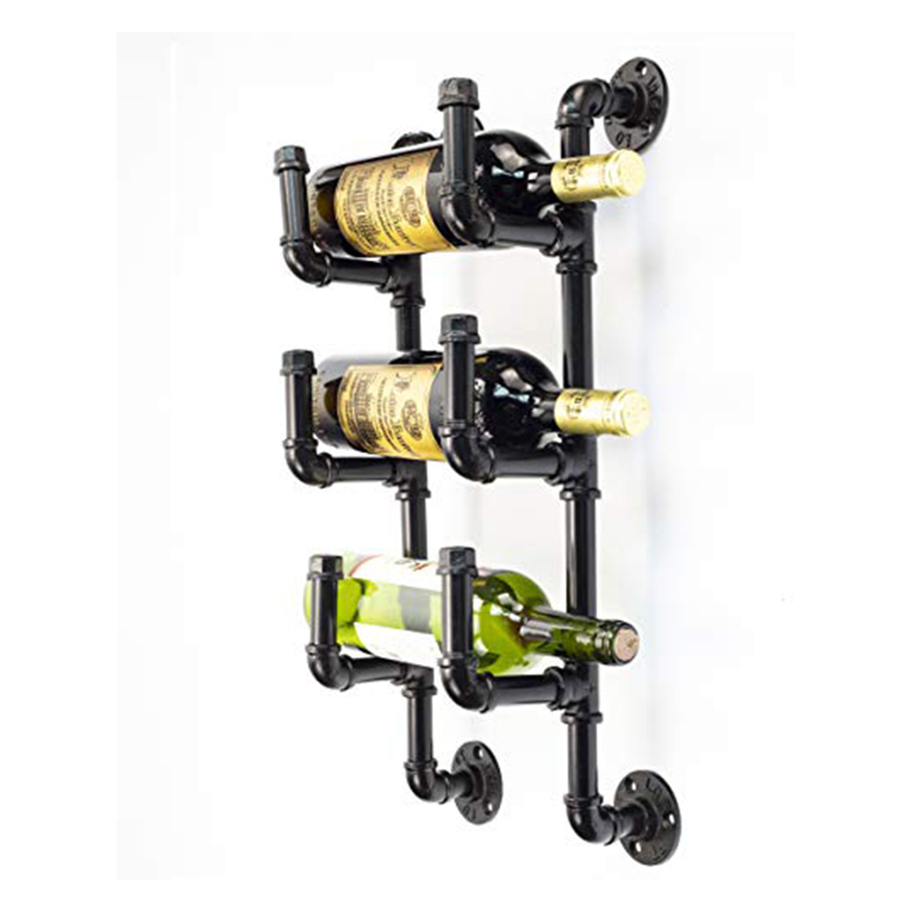Matte Metal Vintage Pipe Wine Rack High Quality Industrial Wall Mounted Wine Champagne Bottle Storage Shelf