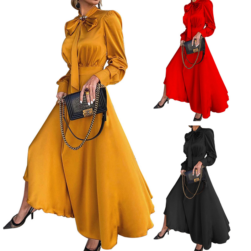 XIUYU women fashion satin maxi dress bow neck slim fit high waist long sleeve skinny comfy casual loose plus size maxi dress