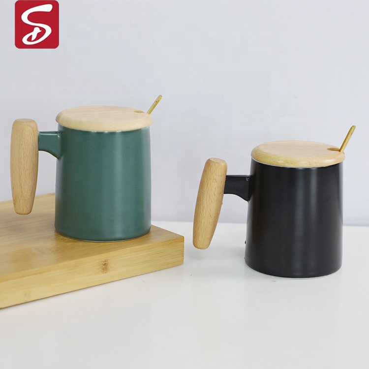 SHARDON Mug New Design Simple Green Black Ceramic Coffee Mug with Wooden Handle Water Cup for Business Gift Modern Style Mugs